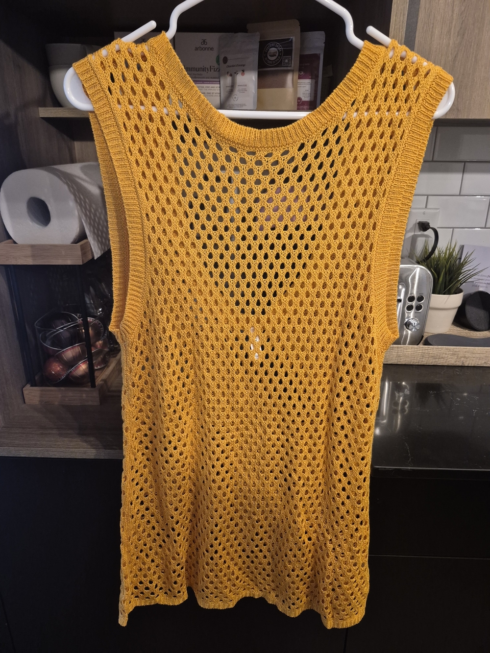 Sleeveless Mustard Knit Mesh Tank Top